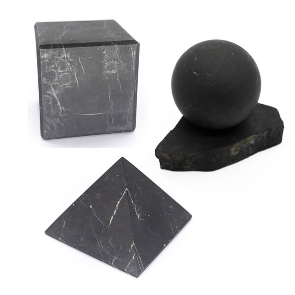 Shungite Shapes: cube, sphere, triangle